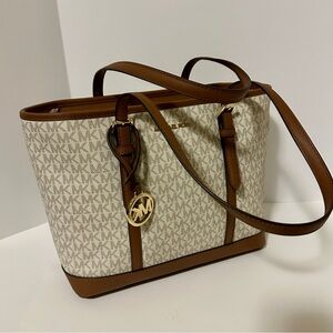 Michael Kors Tan and Cream Signature Jet Set Travel Tote